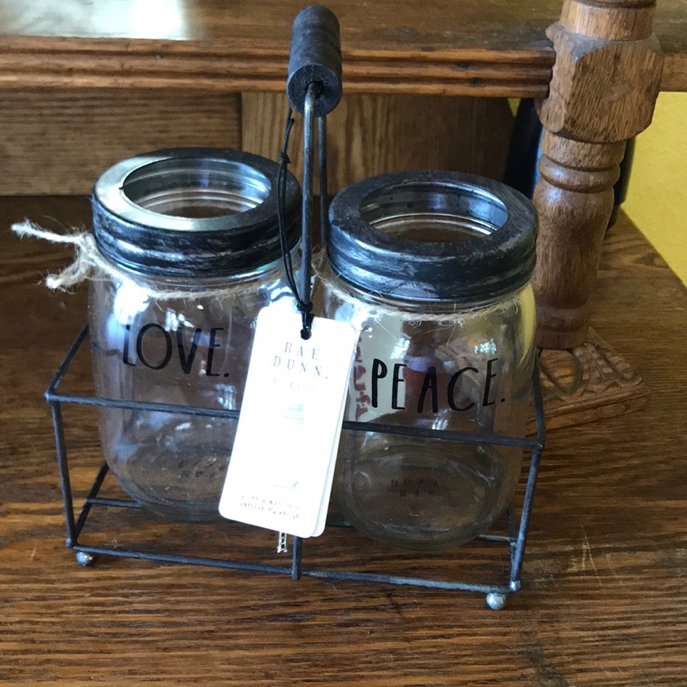 New RAE DUNN LL "LOVE & PEACE” Glass Mason Jars.